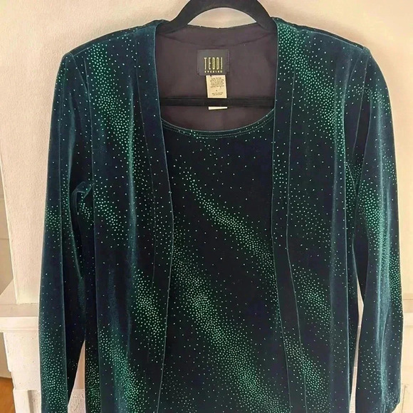 Teddi Evening Velvet Sequin Green Dress with Jacket Overlay  8P Holiday Party - Picture 3 of 8